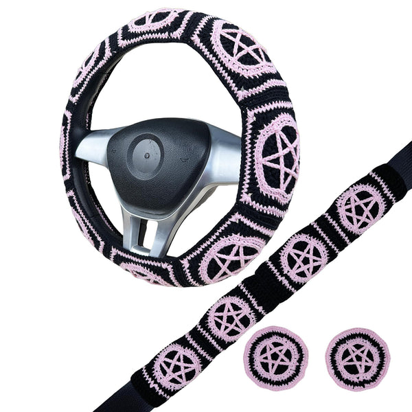 Handmade Crochet vintage star Steering Wheel Cover for Women Girl, Cute Colorful Flower Seat Belt Cover, Car Interior Accessories Decorations.