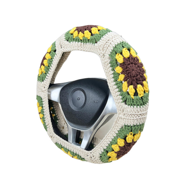 Handmade Crochet cute green Sunflower Steering Wheel Cover for Women Girl, Cute Colorful Flower Seat Belt Cover, Car Interior Accessories Decorations.