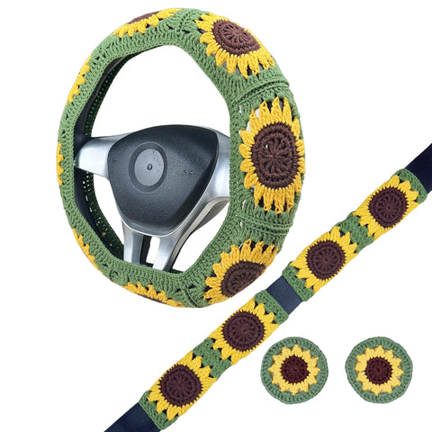 Handmade Crochet Green sunflower Steering Wheel Cover for Women Girl, Cute Flower Seat Belt Cover, Car Interior Accessories Decorations,new car gift