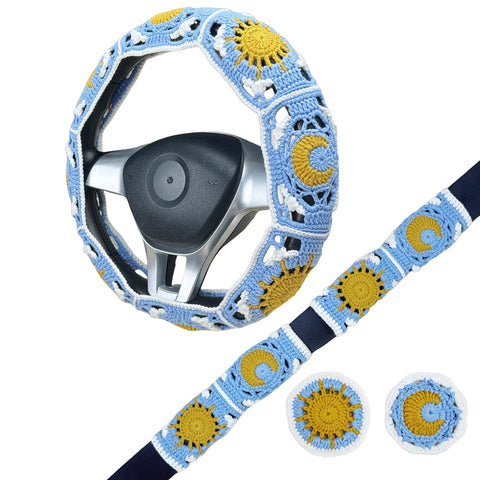 Handmade Crochet blue sun and moon Steering Wheel Cover for Women Girl, Cute Flower Seat Belt Cover, Car Interior Accessories Decorations,new car gift
