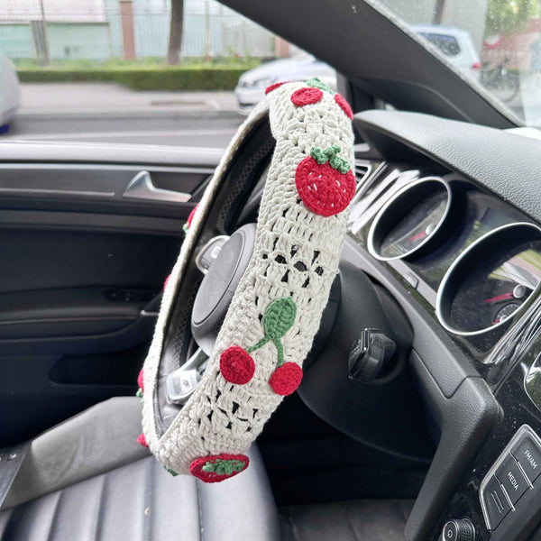 Handmade Crochet  White cute Cherry and strawberry Car Steering Wheel Covers Universal 14-15 inch for Women and Men
