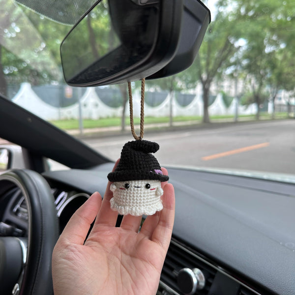 Crochet Halloween Ghost with hat Car Accessories Hanging Ornament   and Pendant for Car Rear View Mirror Interior Decoration