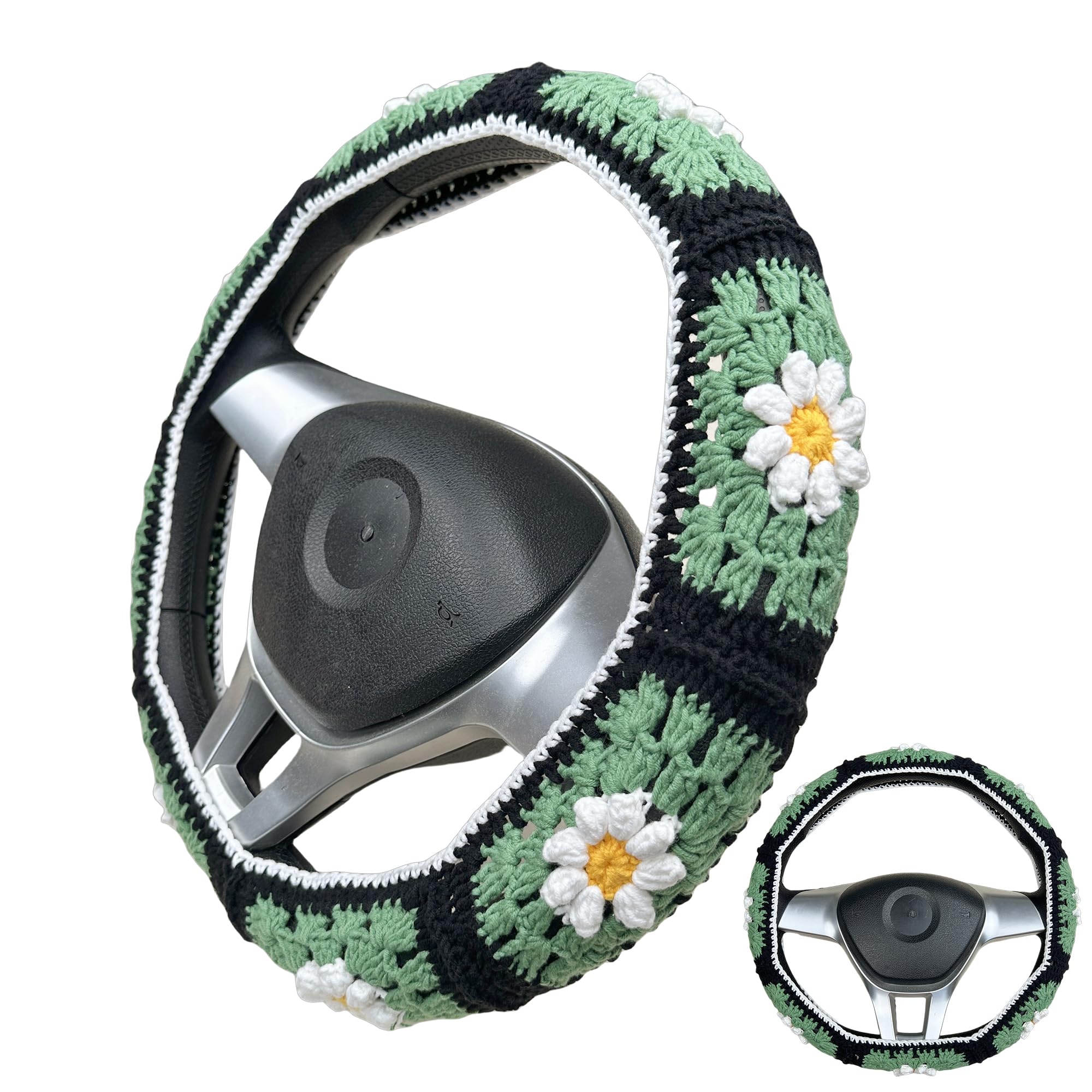 Handmade Crochet Black and Green daisy Steering Wheel Covers Universal 14-15 inch for Women and Men,New Car Gift,Handmade Gift
