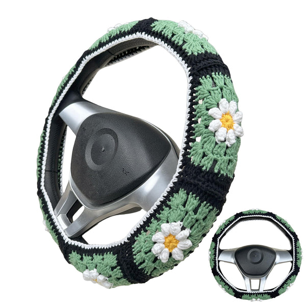Handmade Crochet Black and Green daisy Steering Wheel Covers Universal 14-15 inch for Women and Men,New Car Gift,Handmade Gift