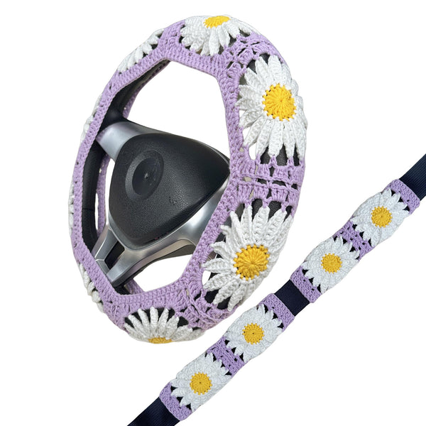 Handmade Crochet  Purple Daisy Steering Wheel Covers Universal 14-15 inch for Women and Men,New Car Gift,Handmade Gift,Gift for her