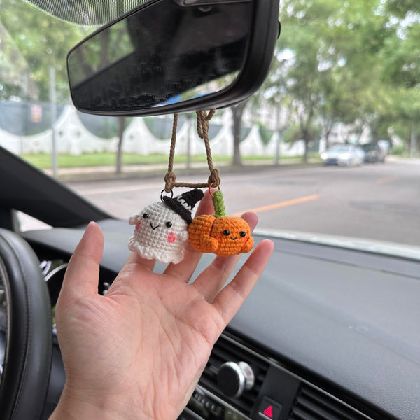 Crochet Halloween Ghost and pumpkin Car Accessories Hanging Ornament   and Pendant for Car Rear View Mirror Interior Decoration