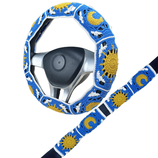 Handmade Crochet Deep blue sun and moon Steering Wheel Cover for Women Girl, Cute Flower Seat Belt Cover, Car Interior Accessories Decorations,new car gift