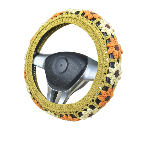 Handmade Crochet Orange daisy Steering Wheel Cover for Women Girl, Cute Flower Seat Belt Cover, Car Interior Accessories Decorations,new car gift