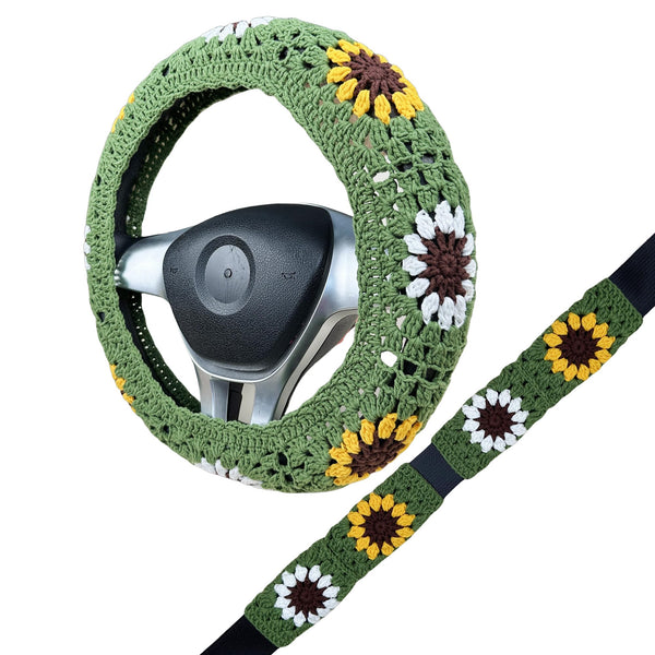 Handmade Crochet  Green and White  sunflower Steering Wheel Covers Universal 14-15 inch for Women and Men,New Car Gift,Handmade Gift,Gift for her