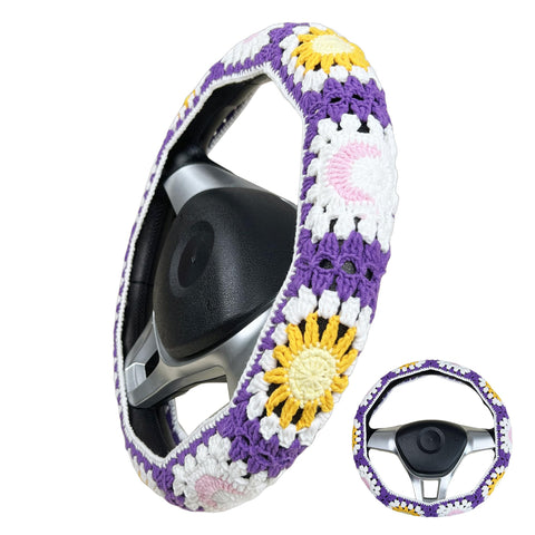 Handmade Crochet Purple Sun and Moon Granny Square Car Steering Wheel Covers Universal 14-15 inch for Women and Men