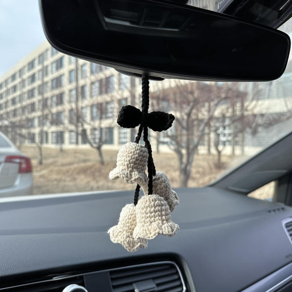 Crochet White Cute Lily Car Accessories Hanging Ornament   and Pendant for Car Rear View Mirror Interior Decoration