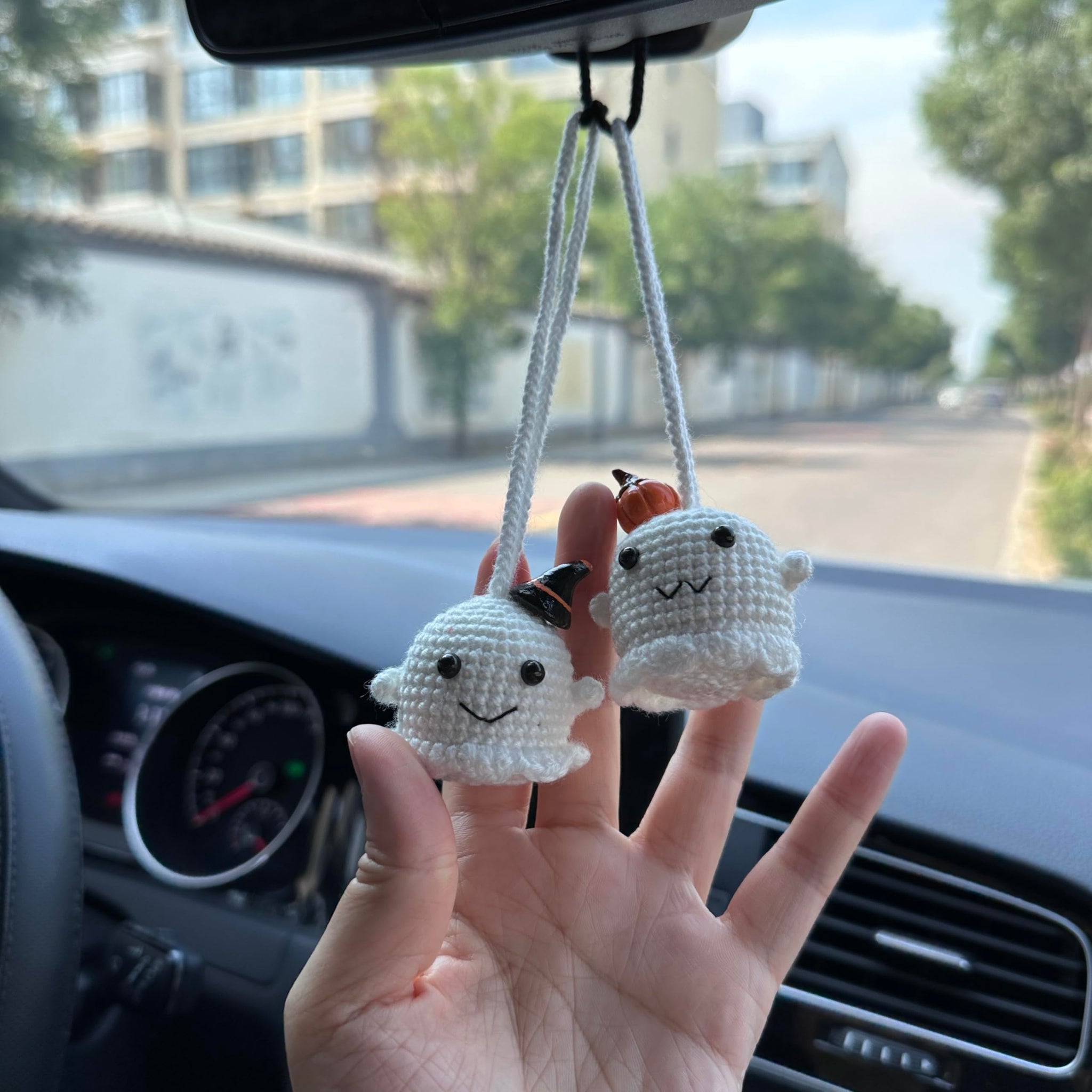 Crochet Halloween Two ghost Car Accessories Hanging Ornament   and Pendant for Car Rear View Mirror Interior Decoration