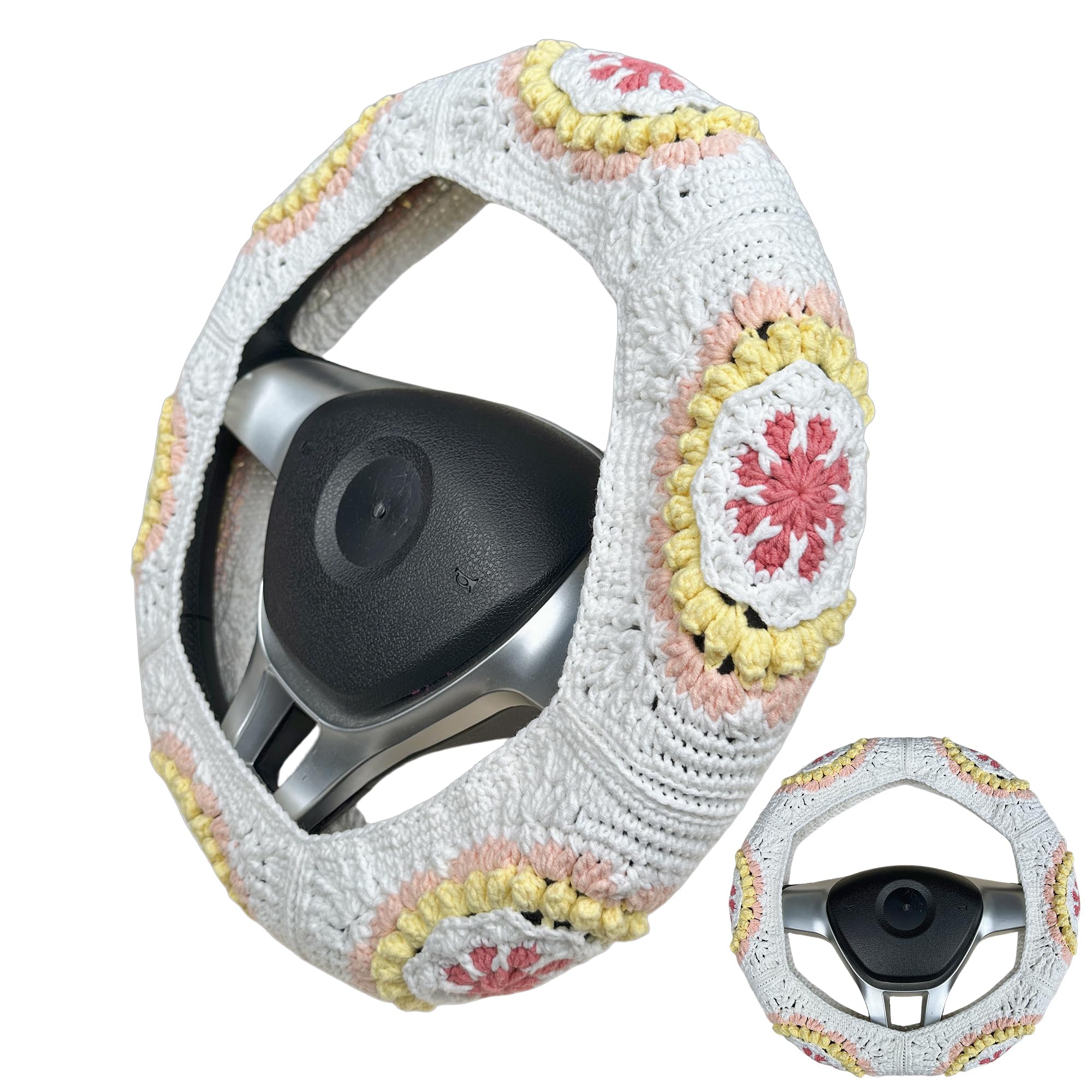 Handmade Crochet White Yellow flower Steering Wheel Covers Universal 14-15 inch for Women and Men,New Car Gift,Handmade Gift
