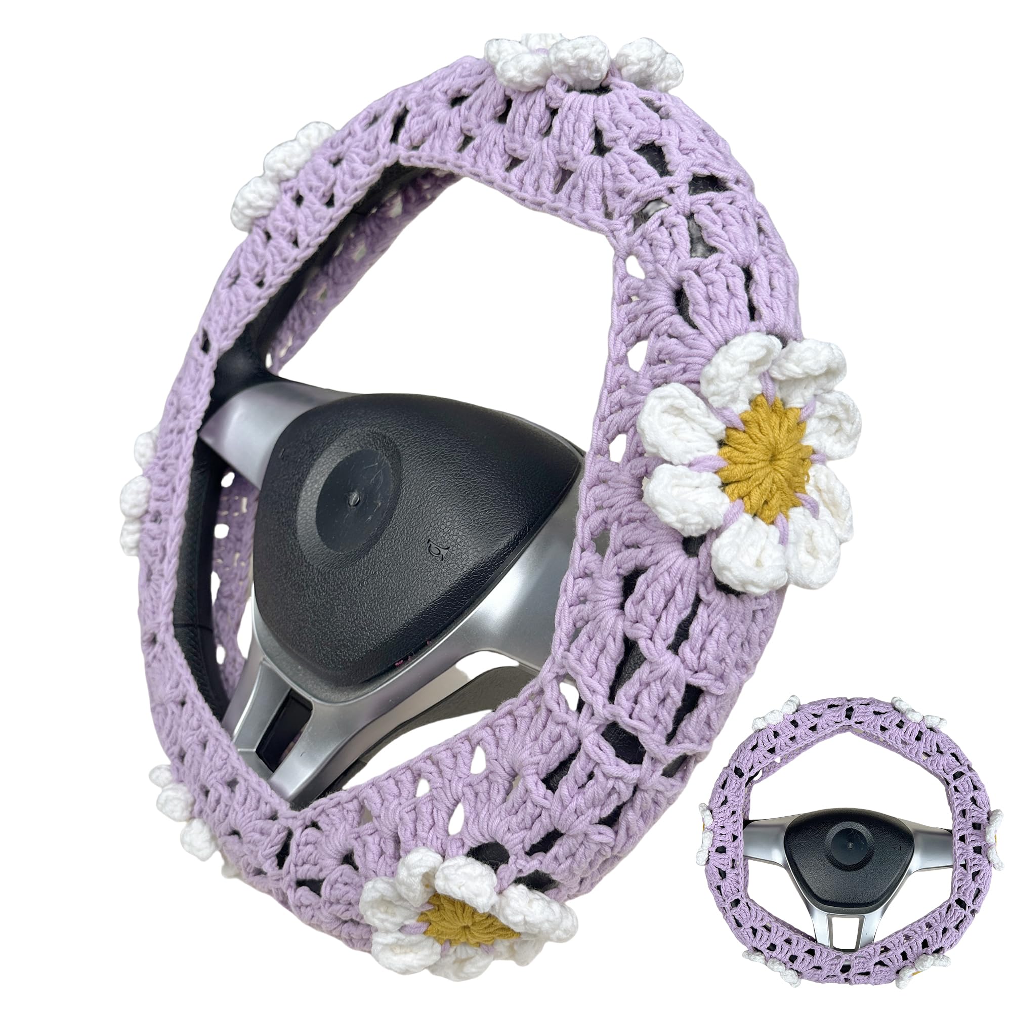 Handmade Crochet  Purple cute Daisy Steering Wheel Covers Universal 14-15 inch for Women and Men,New Car Gift,Handmade Gift,Gift for her