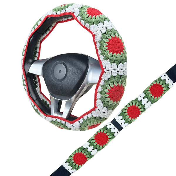Handmade Crochet Christmas color Steering Wheel Cover for Women Girl, Cute Flower Seat Belt Cover, Car Interior Accessories Decorations,new car gift