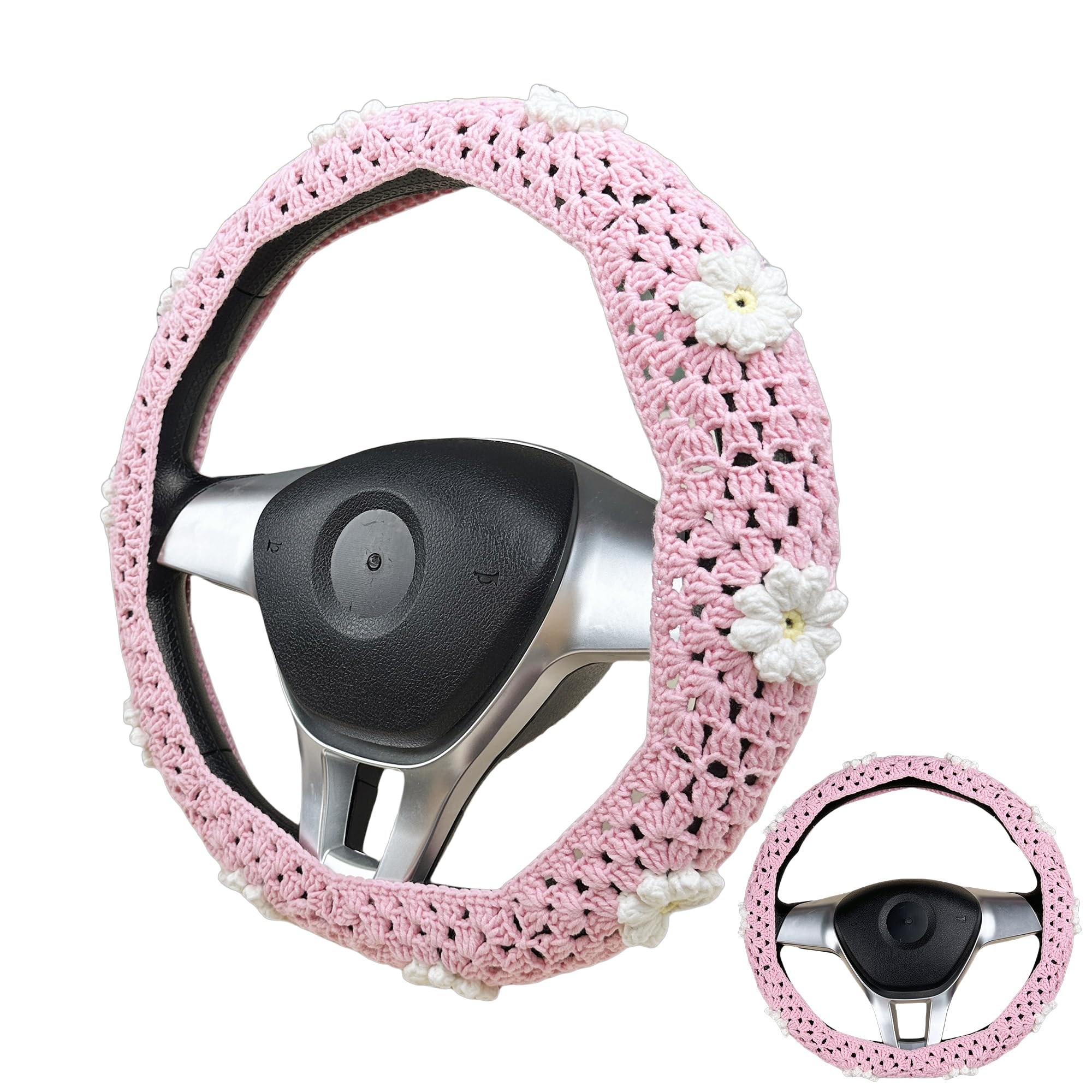 Handmade Crochet Pink daisy Steering Wheel Cover for Women Girl, Cute Flower Seat Belt Cover, Car Interior Accessories Decorations,new car gift