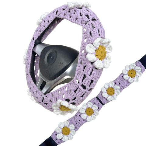 Handmade Crochet  Purple cute Daisy Steering Wheel Covers Universal 14-15 inch for Women and Men,New Car Gift,Handmade Gift,Gift for her