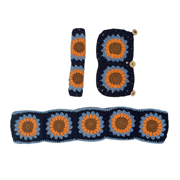 Handmade Crochet vintage blue Steering Wheel Cover for Women Girl, Cute Colorful Flower Seat Belt Cover, Car Interior Accessories Decorations.