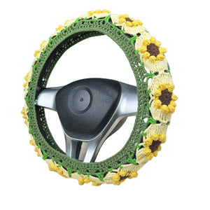 Handmade Crochet green and yellow daisy Steering Wheel Cover for Women Girl, Cute Flower Seat Belt Cover, Car Interior Accessories Decorations,new car gift