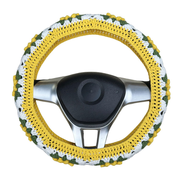 Handmade Crochet Yellow daisy Steering Wheel Cover for Women Girl, Cute Flower Seat Belt Cover, Car Interior Accessories Decorations,new car gift