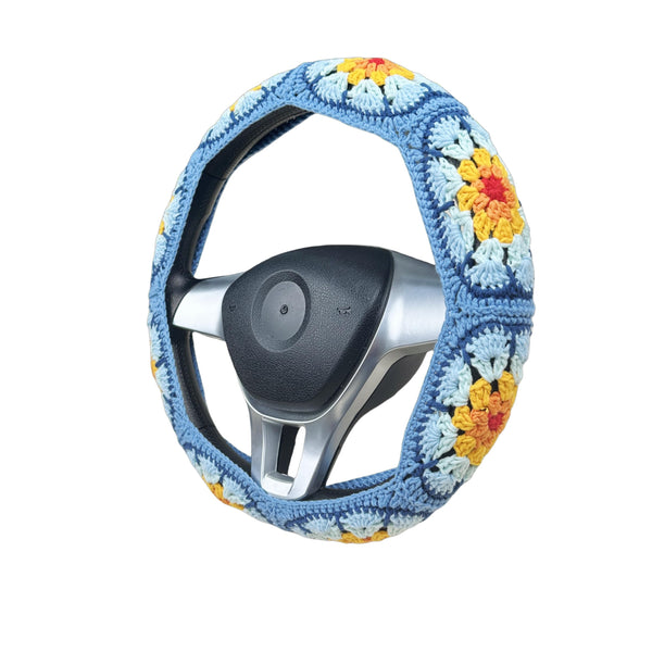 Handmade Crochet Blue sunflower Steering Wheel Cover for Women Girl, Cute Flower Seat Belt Cover, Car Interior Accessories Decorations,new car gift