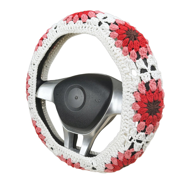 Handmade Crochet vintage red sunflower Steering Wheel Cover for Women Girl, Cute Colorful Flower Seat Belt Cover, Car Interior Accessories Decorations.