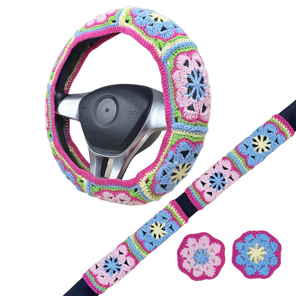 Handmade Crochet vintage Pink and blue Steering Wheel Cover for Women Girl, Cute Flower Seat Belt Cover, Car Interior Accessories Decorations,new car gift