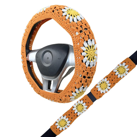 Handmade Crochet  Orange Daisy Steering Wheel Covers Universal 14-15 inch for Women and Men,New Car Gift,Handmade Gift,Gift for her