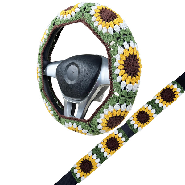 Handmade Crochet  Vintage Green Sunflower Steering Wheel Covers Universal 14-15 inch for Women and Men,New Car Gift,Handmade Gift,Gift for her
