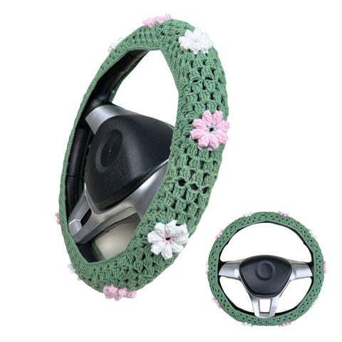 Handmade Crochet Cute Pink Daisy Steering Wheel Covers Universal 14-15 inch for Women and Men