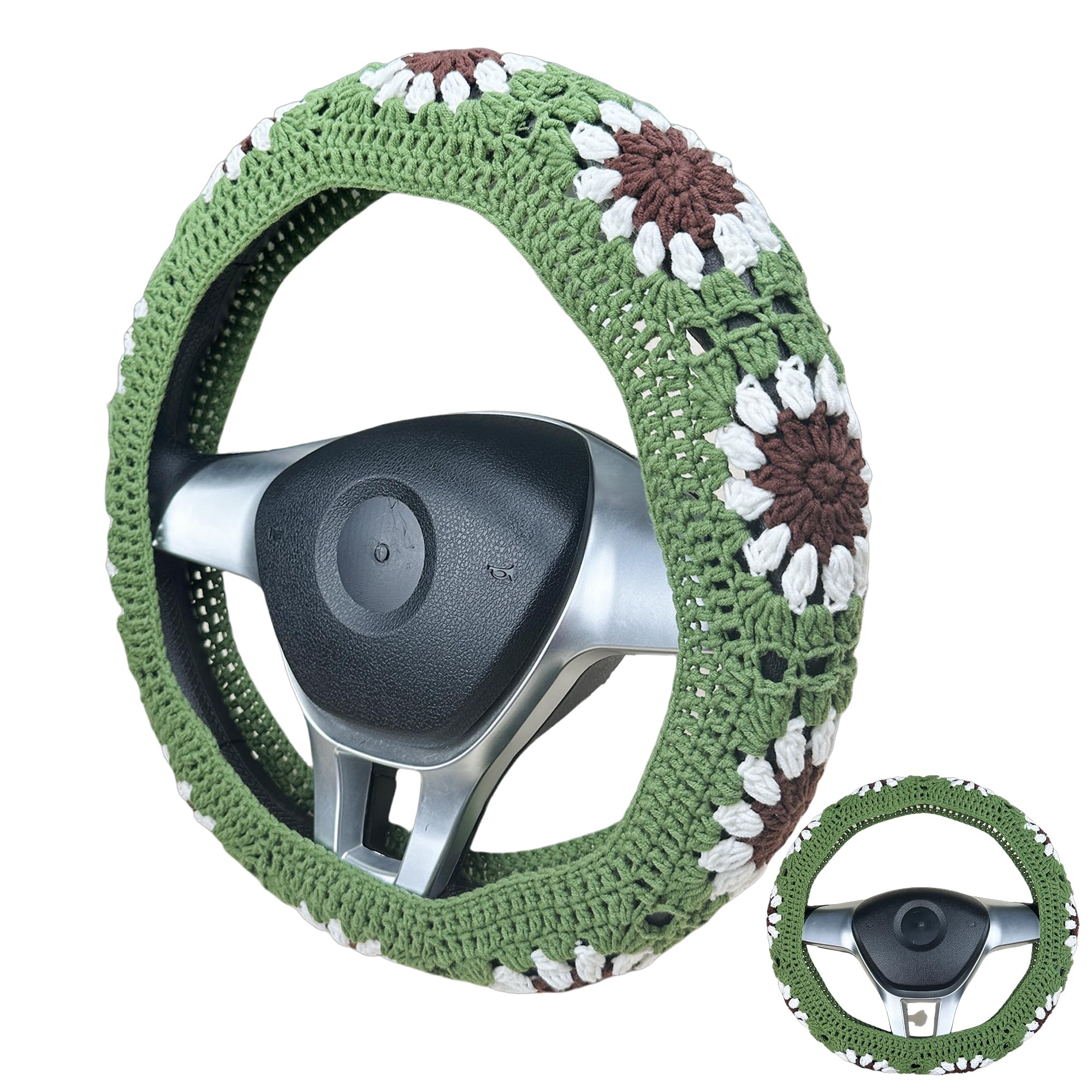 Handmade Crochet  Green White  sunflower Steering Wheel Cover for Women Girl, Cute Colorful Flower Seat Belt Cover, Car Interior Accessories Decorations.