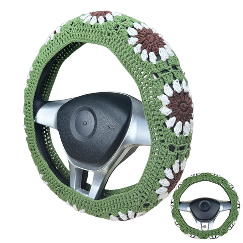 Handmade Crochet  Green White  sunflower Steering Wheel Cover for Women Girl, Cute Colorful Flower Seat Belt Cover, Car Interior Accessories Decorations.