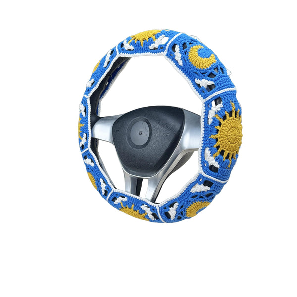 Handmade Crochet Deep blue sun and moon Steering Wheel Cover for Women Girl, Cute Flower Seat Belt Cover, Car Interior Accessories Decorations,new car gift