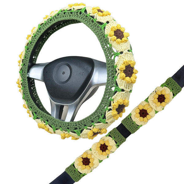 Handmade Crochet green and yellow daisy Steering Wheel Cover for Women Girl, Cute Flower Seat Belt Cover, Car Interior Accessories Decorations,new car gift