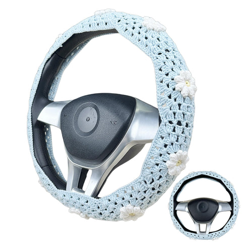 Handmade Crochet Light blue daisy Steering Wheel Cover for Women Girl, Cute Flower Seat Belt Cover, Car Interior Accessories Decorations,new car gift