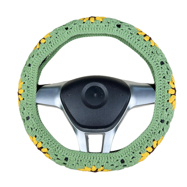 Handmade Crochet Green yellow sunflower  Steering Wheel Cover for Women Girl, Cute Colorful Flower Seat Belt Cover, Car Interior Accessories Decorations.