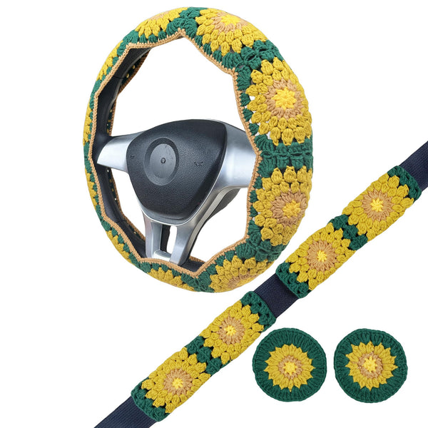 Handmade Crochet Green and yellow sunflower Steering Wheel Cover for Women Girl, Cute Colorful Flower Seat Belt Cover, Car Interior Accessories Decorations.
