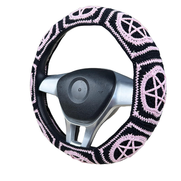 Handmade Crochet vintage star Steering Wheel Cover for Women Girl, Cute Colorful Flower Seat Belt Cover, Car Interior Accessories Decorations.