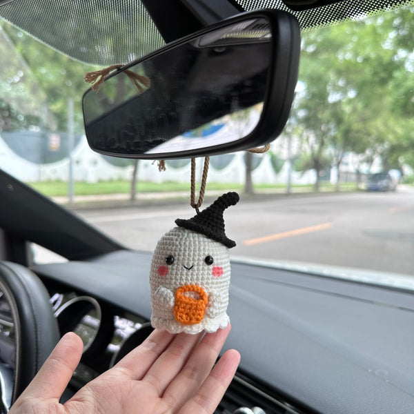 Crochet Halloween Cute Ghost with bag  Car Accessories Hanging Ornament   and Pendant for Car Rear View Mirror Interior Decoration