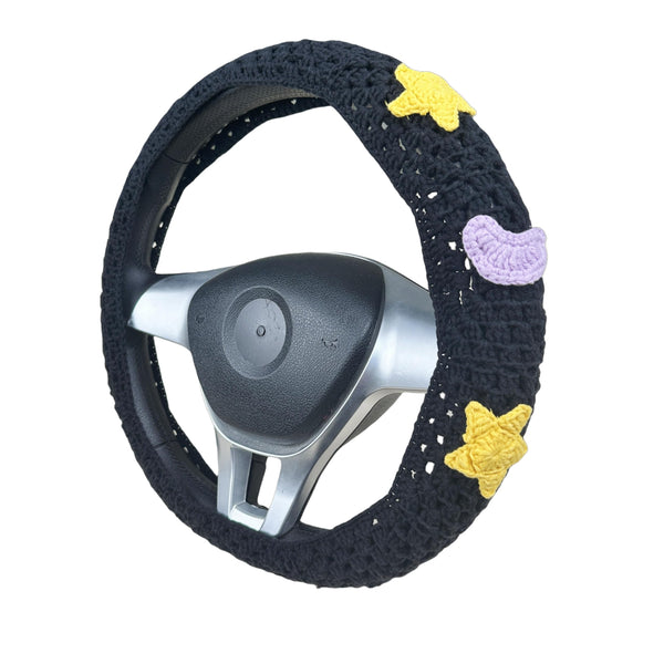 Handmade Crochet Black star and moon Steering Wheel Cover for Women Girl, Cute Colorful Flower Seat Belt Cover, Car Interior Accessories Decorations.