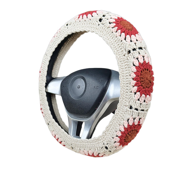 Handmade Crochet  Vintage Red flower Steering Wheel Covers Universal 14-15 inch for Women and Men,New Car Gift,Handmade Gift,Gift for her