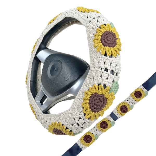 Handmade Crochet Sunflower with leaf Steering Wheel Covers Universal 14-15 inch for Women and Men,New Car Gift,Handmade Gift