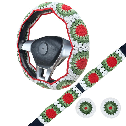 Handmade Crochet Christmas color Steering Wheel Cover for Women Girl, Cute Flower Seat Belt Cover, Car Interior Accessories Decorations,new car gift