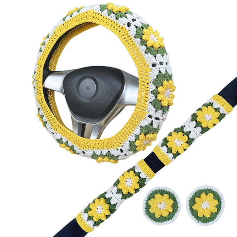 Handmade Crochet Yellow daisy Steering Wheel Cover for Women Girl, Cute Flower Seat Belt Cover, Car Interior Accessories Decorations,new car gift