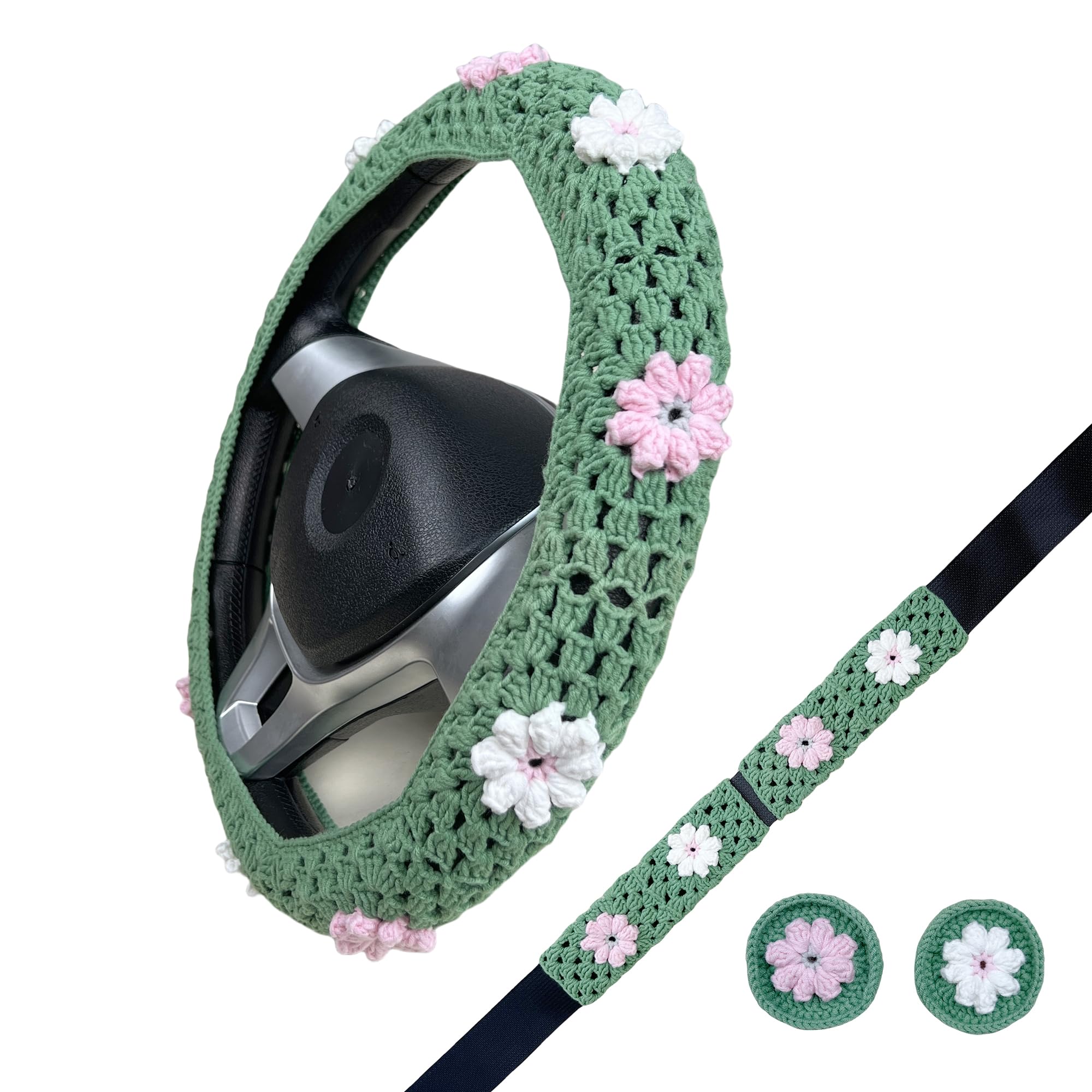 Handmade Crochet Cute Pink Daisy Steering Wheel Covers Universal 14-15 inch for Women and Men