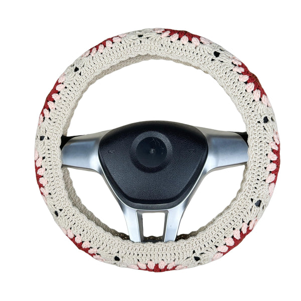 Handmade Crochet  Vintage Red flower Steering Wheel Covers Universal 14-15 inch for Women and Men,New Car Gift,Handmade Gift,Gift for her