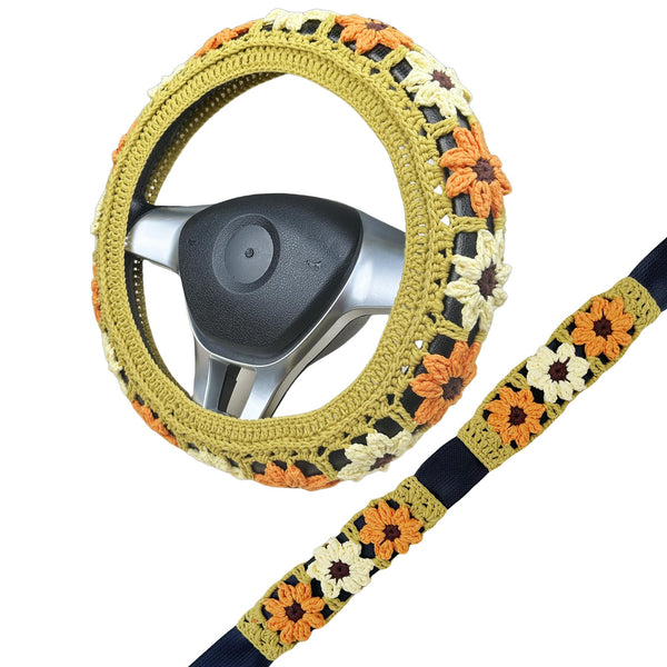 Handmade Crochet Orange daisy Steering Wheel Cover for Women Girl, Cute Flower Seat Belt Cover, Car Interior Accessories Decorations,new car gift