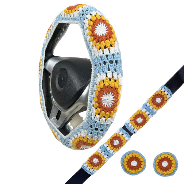 Handmade Crochet light blue sunflower Steering Wheel Covers Universal 14-15 inch for Women and Men