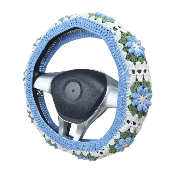Handmade Crochet Green and blue flower Steering Wheel Cover for Women Girl, Cute Colorful Flower Seat Belt Cover, Car Interior Accessories Decorations.