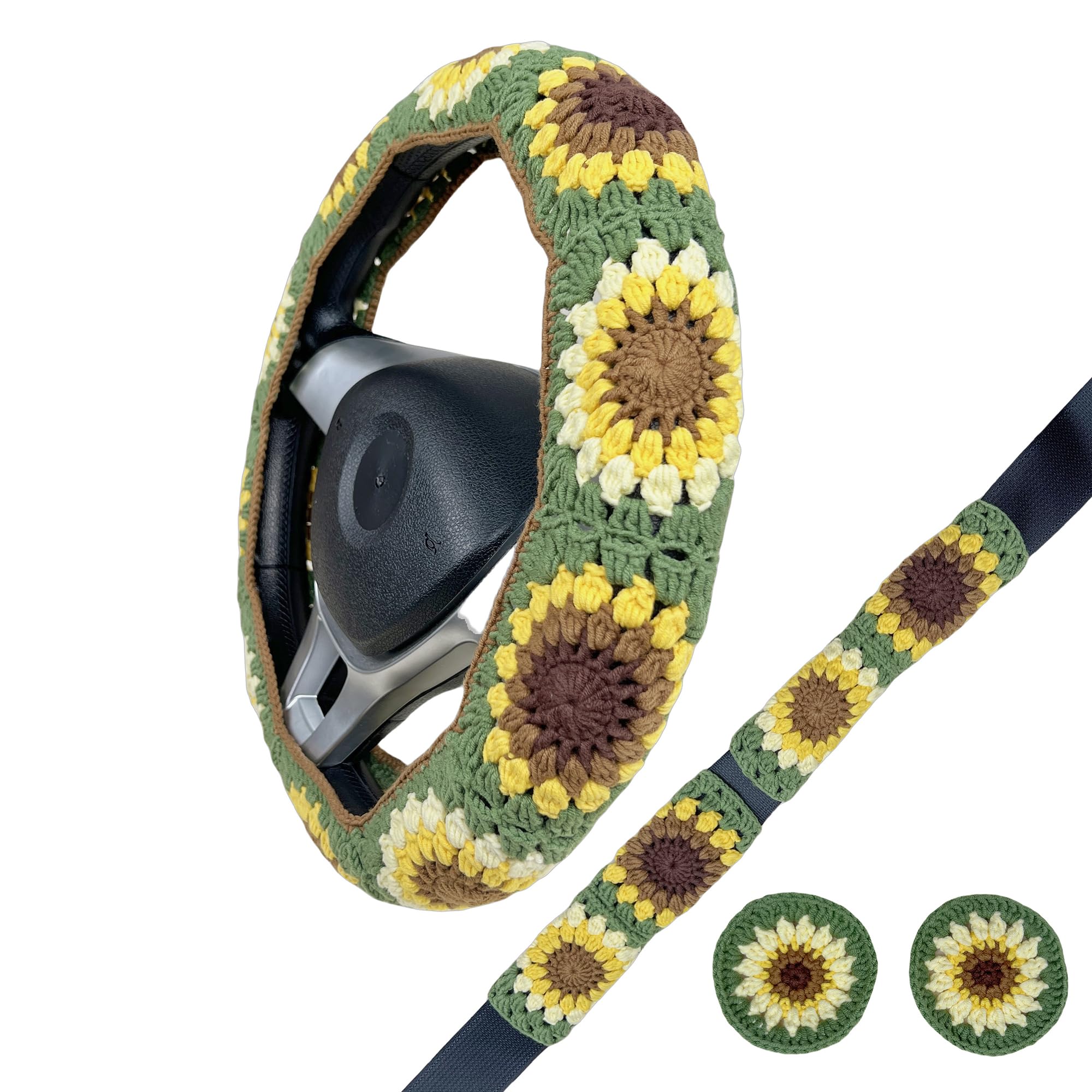 Handmade Crochet vintage Green sunflower Steering Wheel Covers Universal 14-15 inch for Women and Men